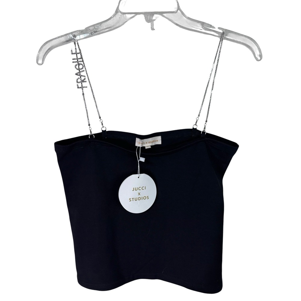 Jucci X Studios Woman Black L Embellished Sleeveless Cropped Tank Top "FRAGILE"